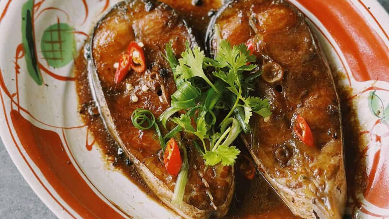 Vietnamese braised fish cooked in a rich caramelized sauce.