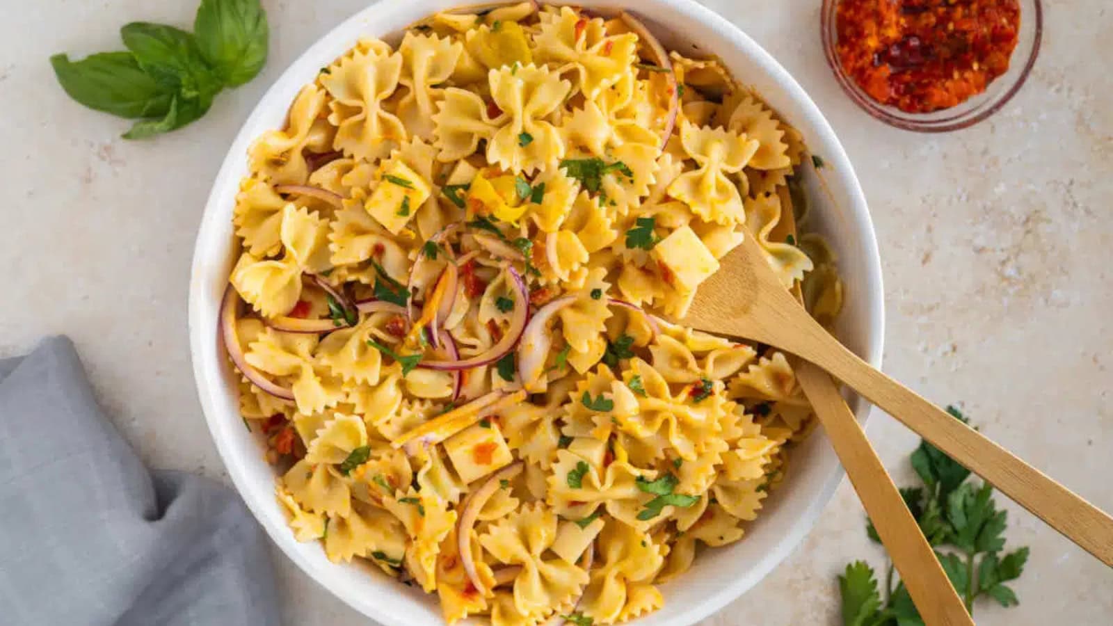 Pasta salad tossed with Calabrian chili peppers and savory dressing.
