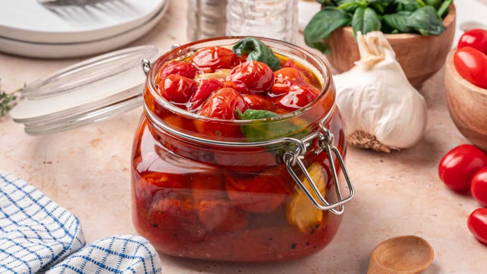 Cherry tomatoes slowly cooked in oil with herbs and garlic.