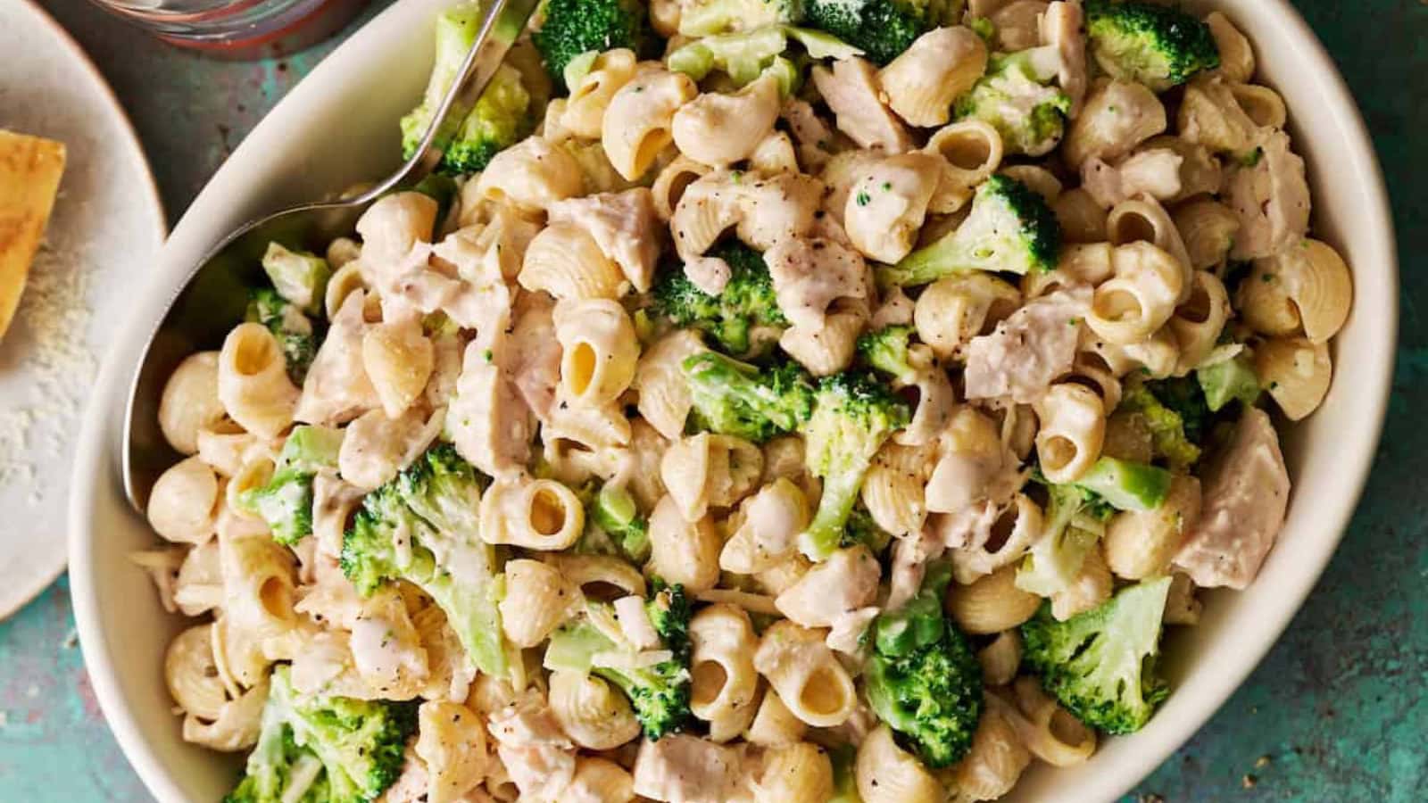 Pasta salad tossed with chicken, broccoli, and creamy dressing.