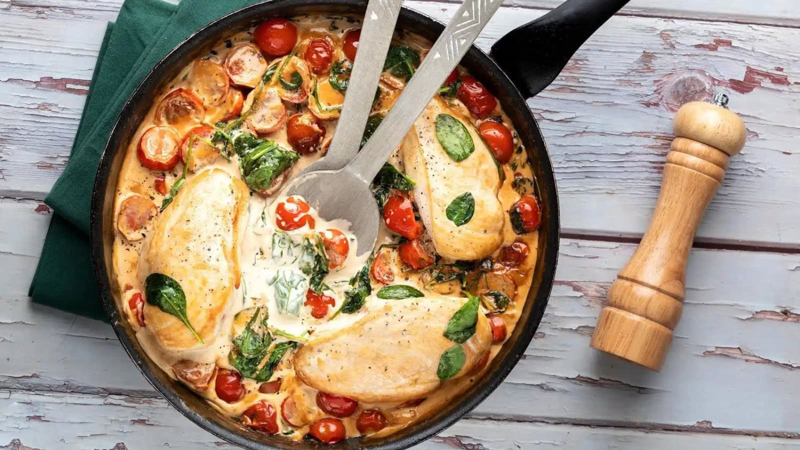 Creamy garlic chicken served with spinach and juicy cherry tomatoes.