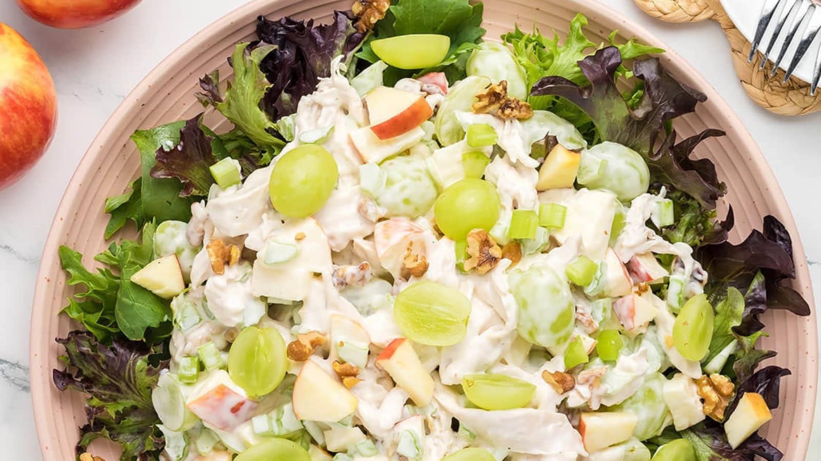 Chicken salad mixed with apples, celery, and creamy dressing.