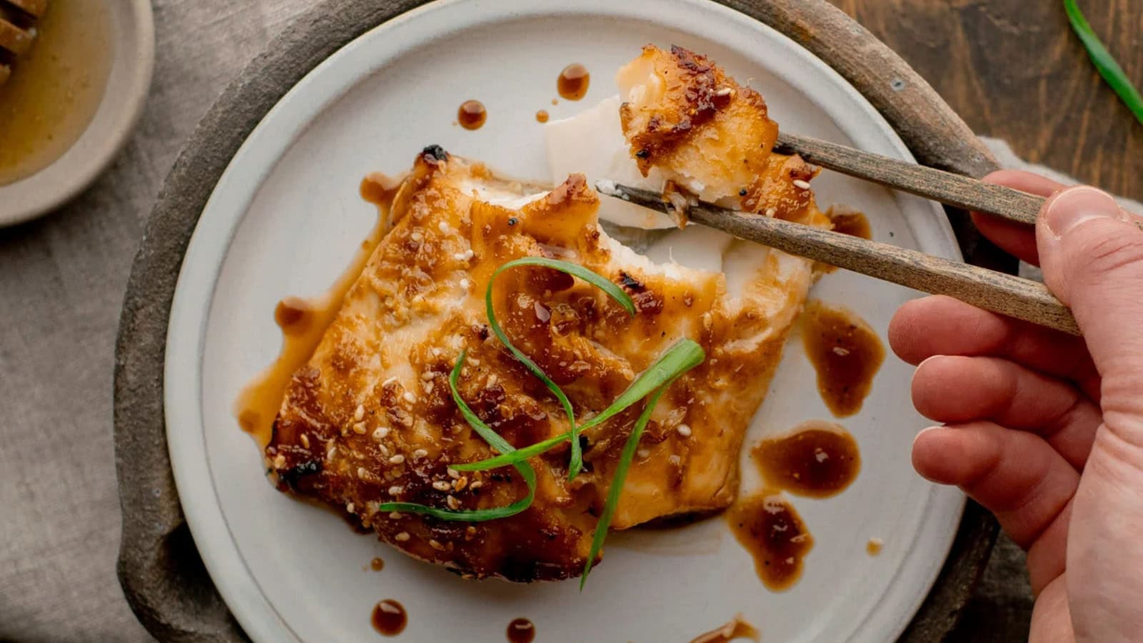 Cod fillets coated in a sweet honey soy glaze.