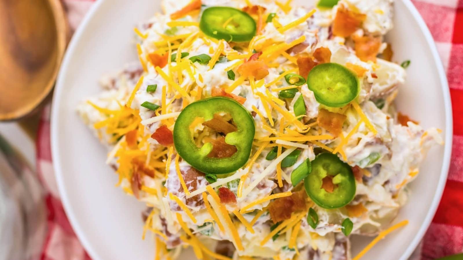 Potato salad loaded with jalapenos, cheese, and creamy dressing.