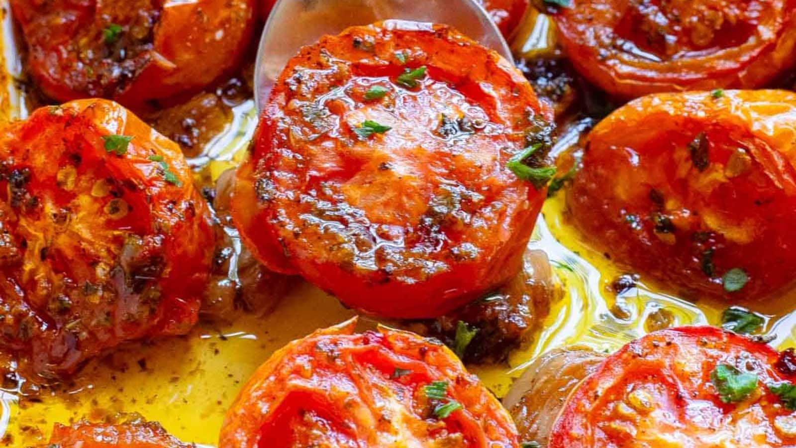 Roasted tomatoes caramelized until tender and lightly browned.