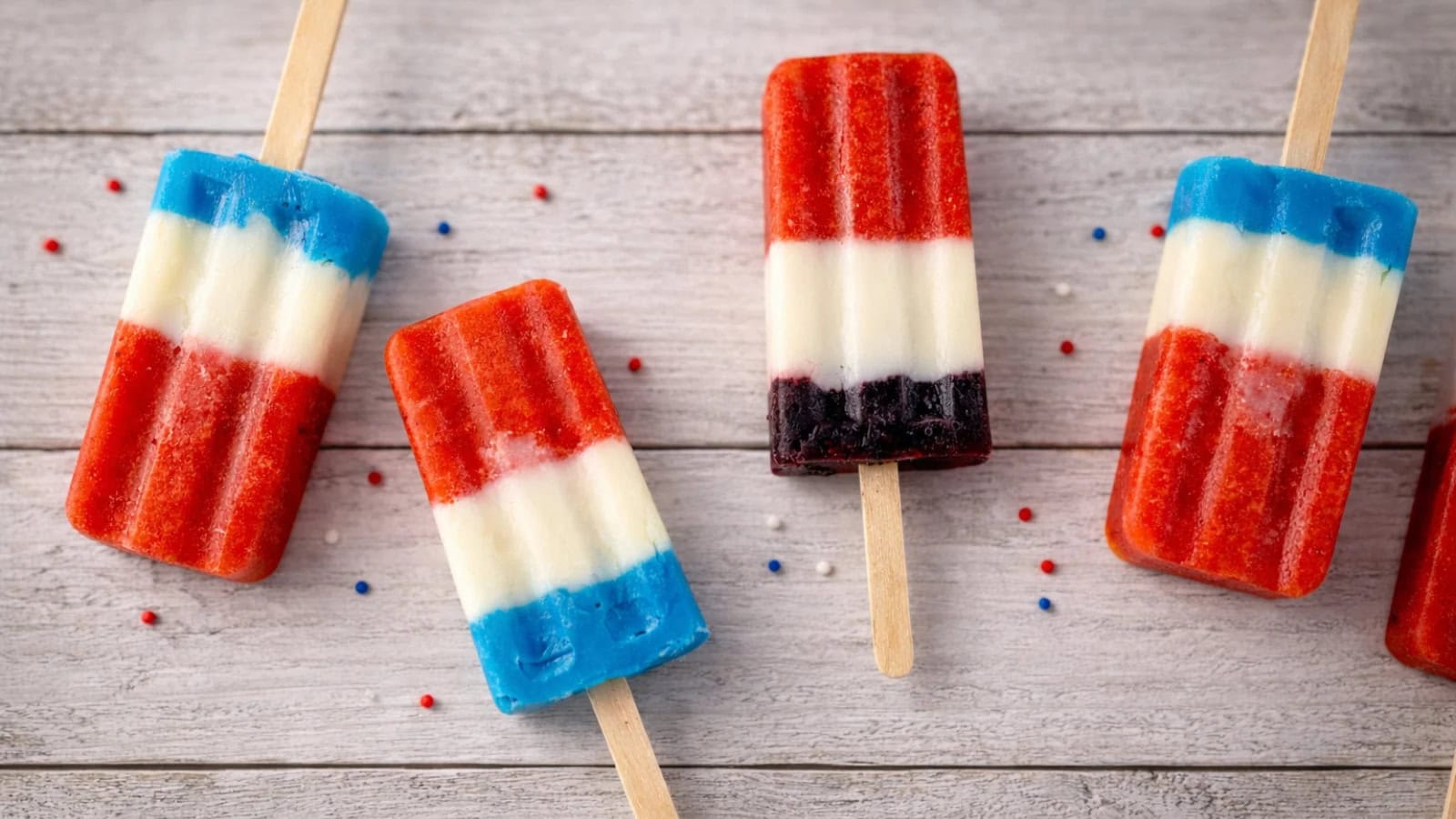 Layered red, white, and blue popsicles made with fresh fruit ingredients.