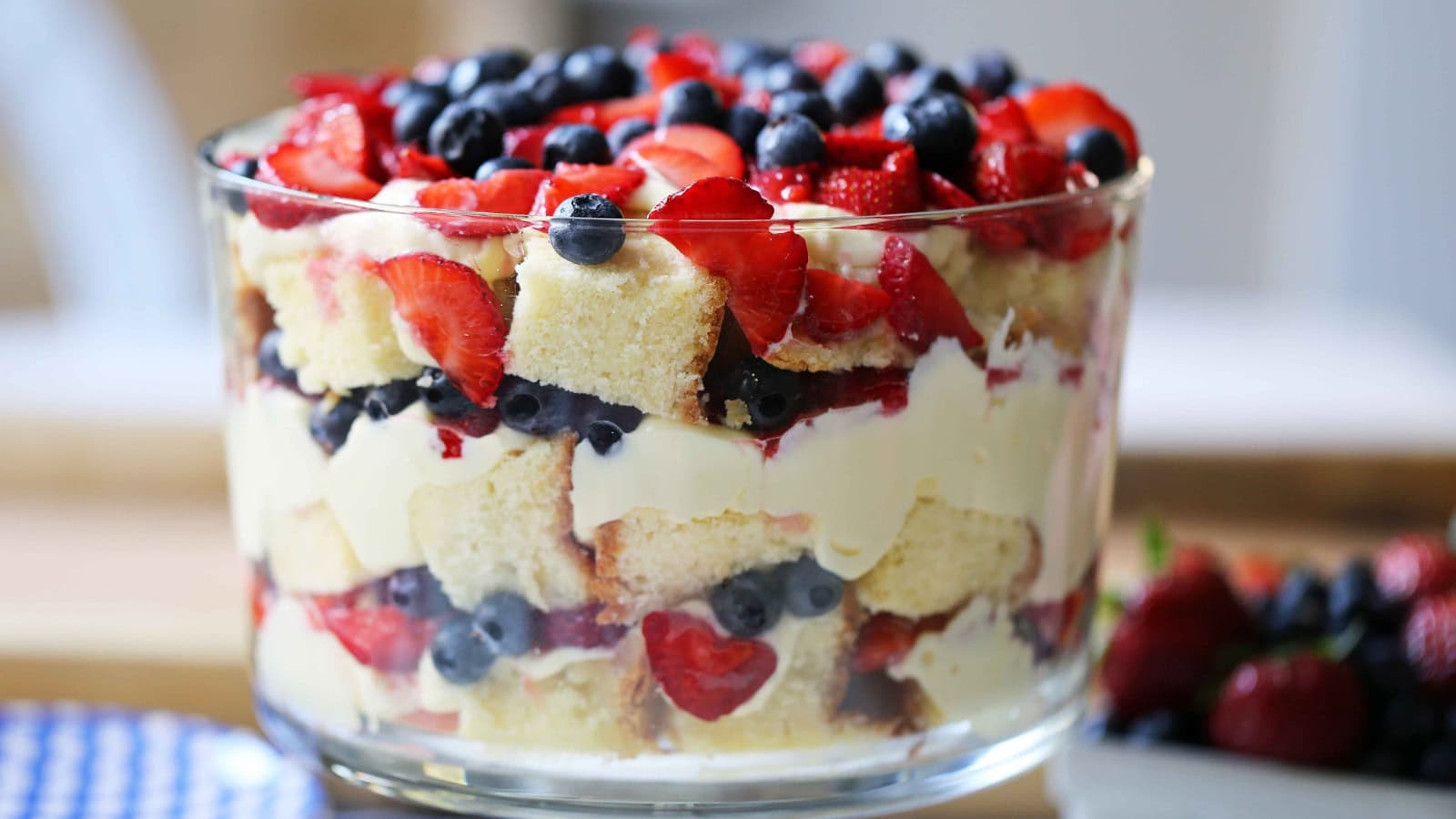 Summer berry trifle with layers of cake, cream, and fresh berries.