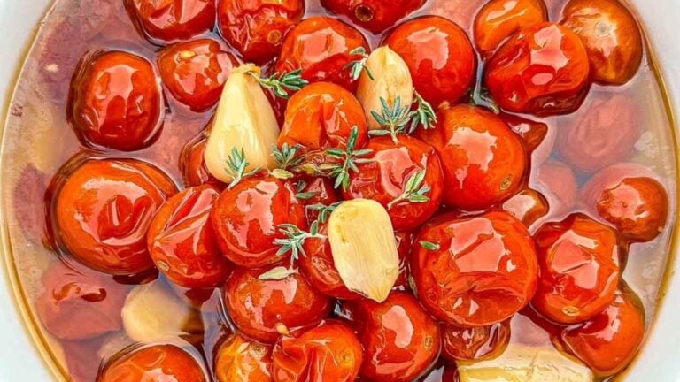 Cherry tomatoes and garlic gently cooked in oil until soft and flavorful.