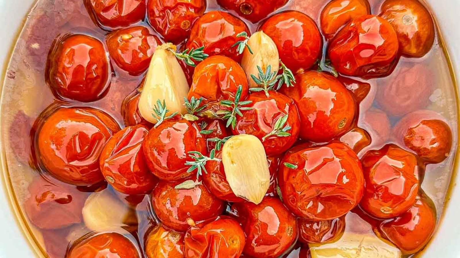 Cherry tomatoes and garlic gently cooked in oil until soft and flavorful.