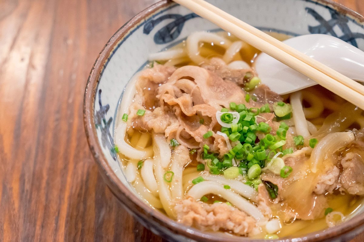Beef udon noodle soup topped with green onions in a Japanese bowl.
