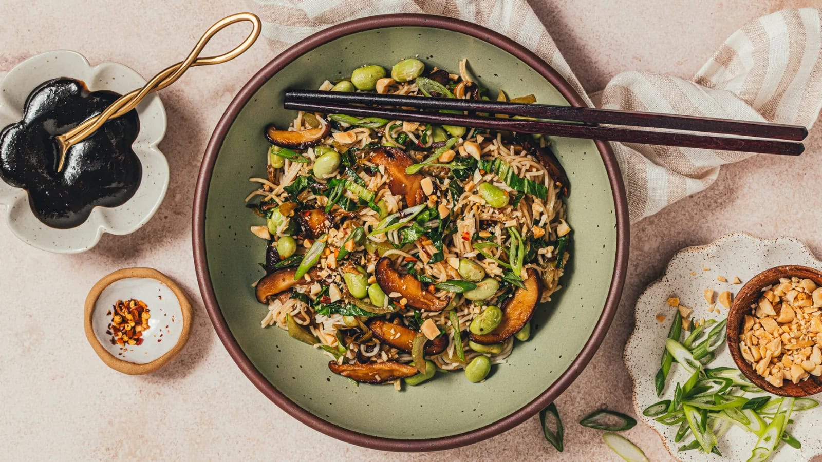 Rice noodles tossed with bok choy and shiitake mushrooms in a savory sauce.