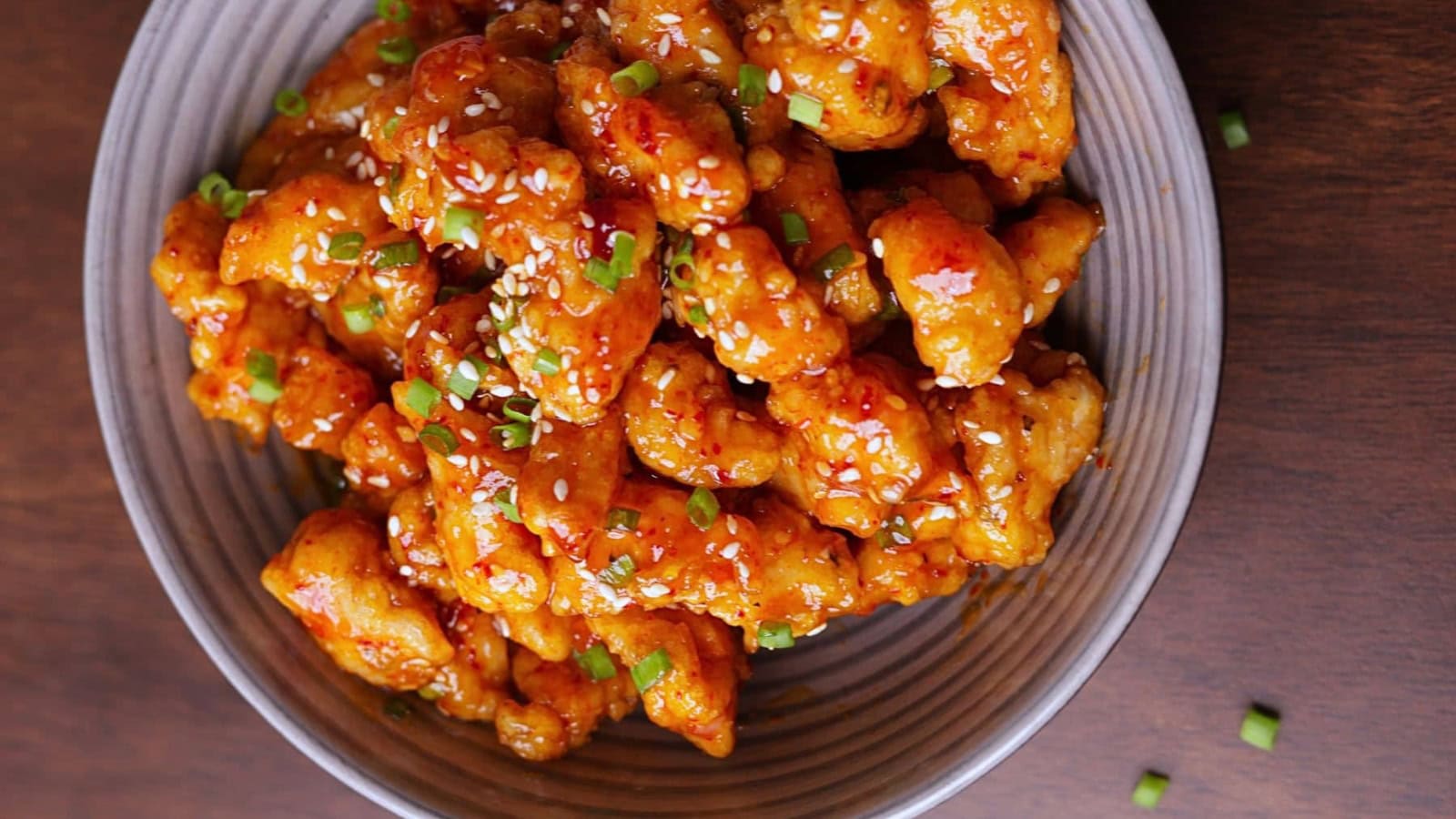 Crispy chicken tossed in a sweet and spicy chili sauce.