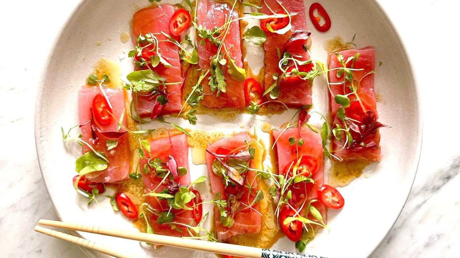 Thinly sliced yellowtail served with a fresh citrus dressing.