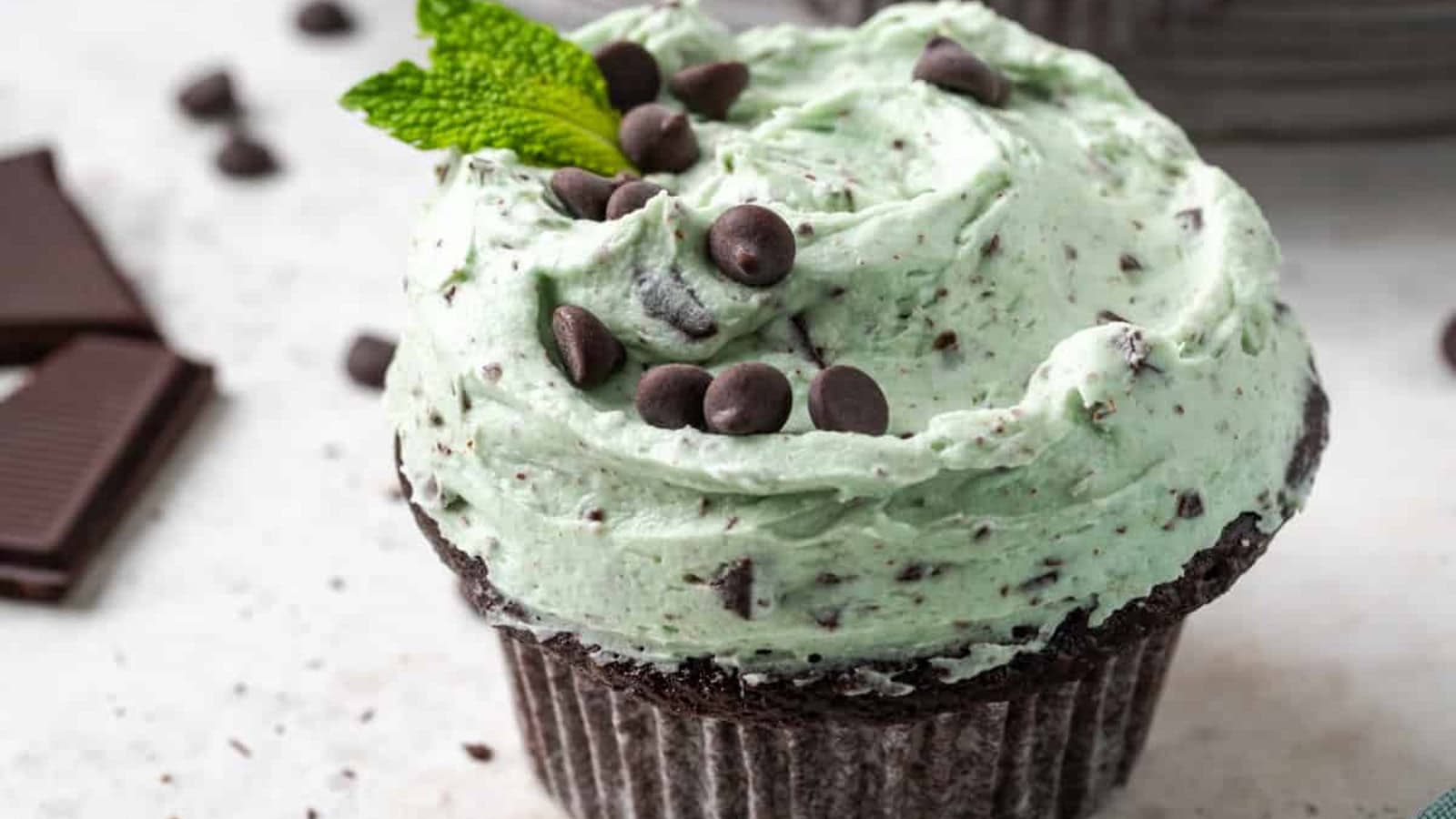 Chocolate cupcakes topped with refreshing mint frosting.