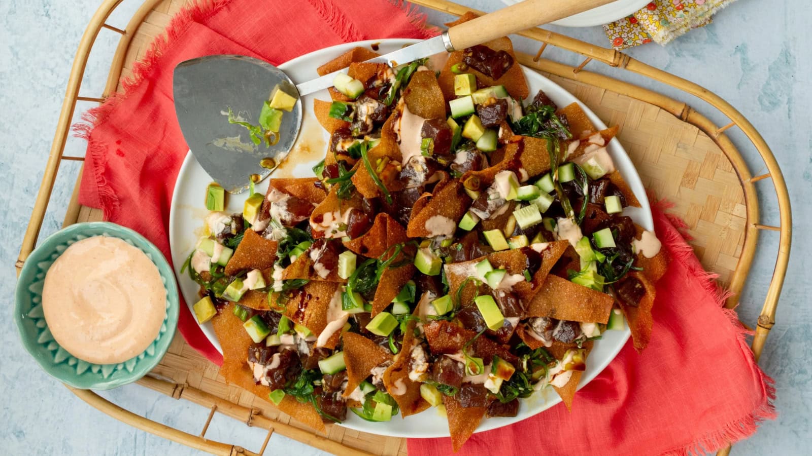 Crispy wonton chips topped with ahi tuna poke and fresh toppings.