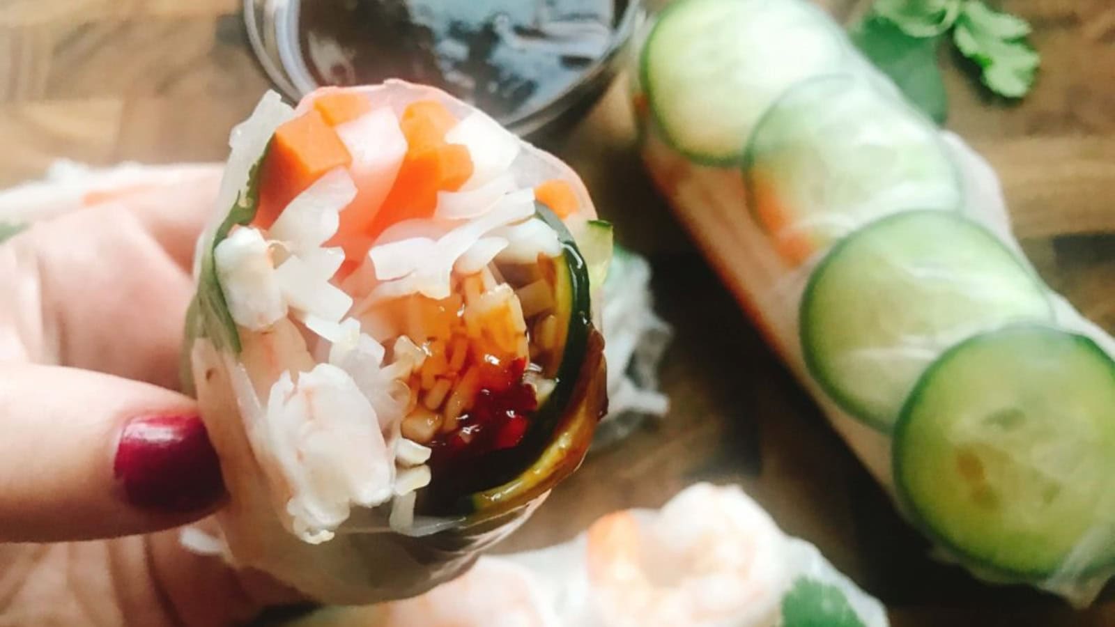 Fresh spring rolls filled with shrimp and banh mi-inspired vegetables.