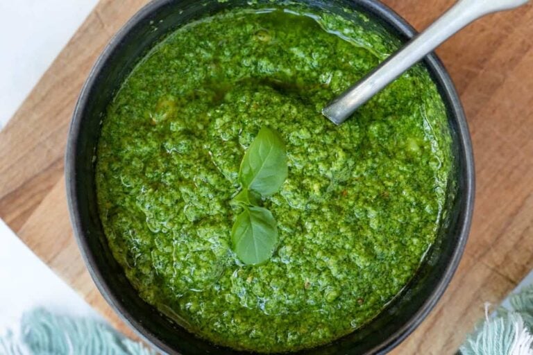 Simple Lemon Basil Pesto in a bowl.