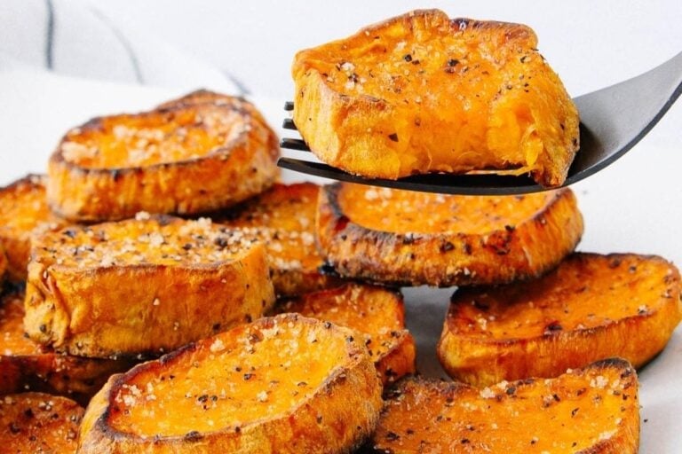 Roasted sweet potato pieces with crispy edges and tender centers.