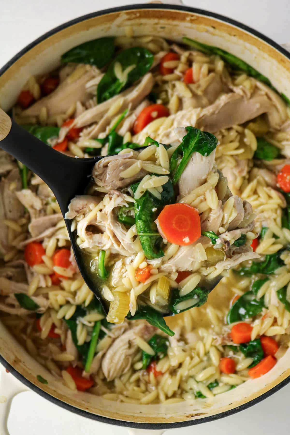 Chicken and orzo soup with spinach and carrots in a pot.