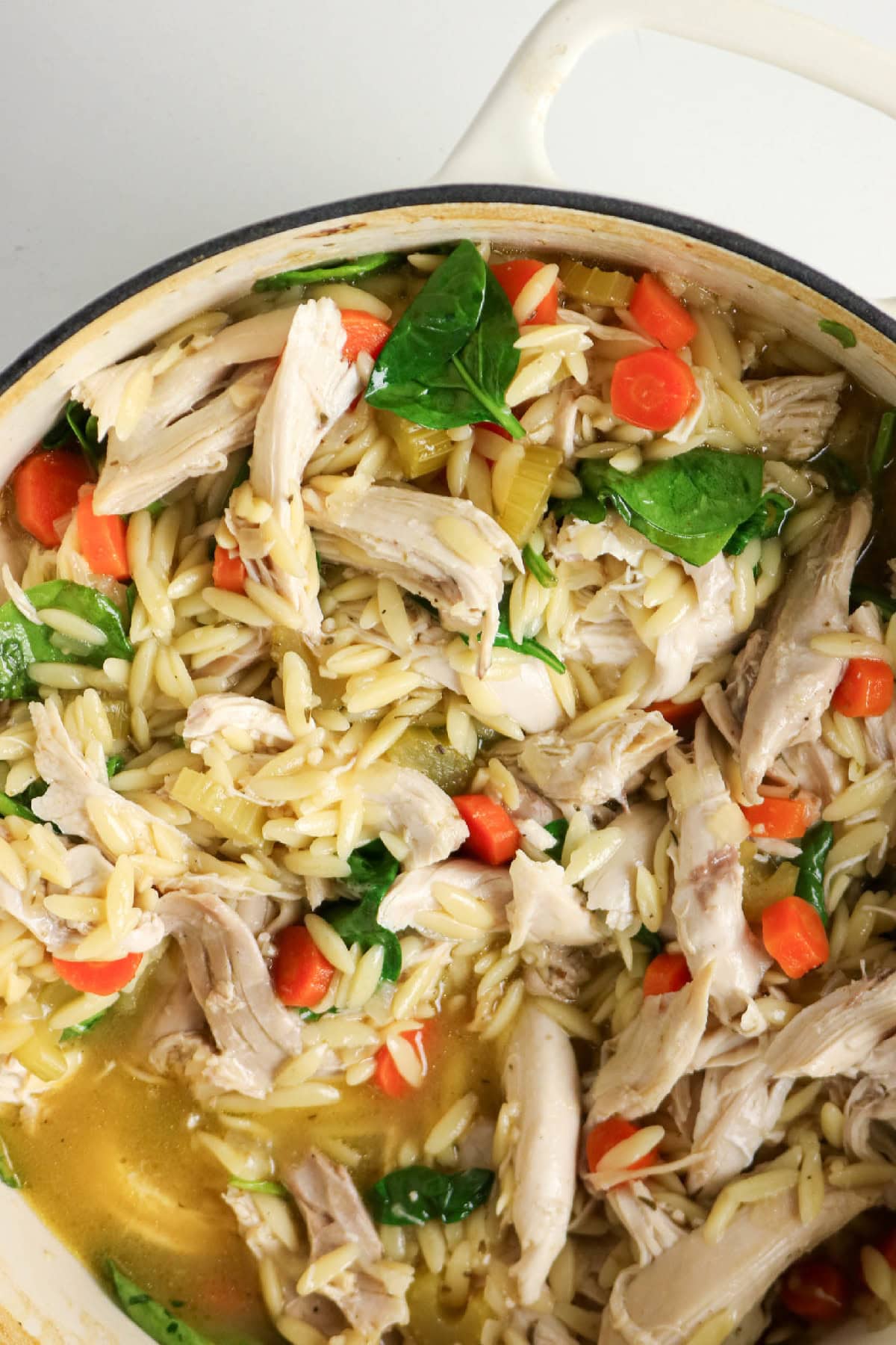 Finished chicken and orzo soup with tender chicken, orzo, carrots, and spinach.