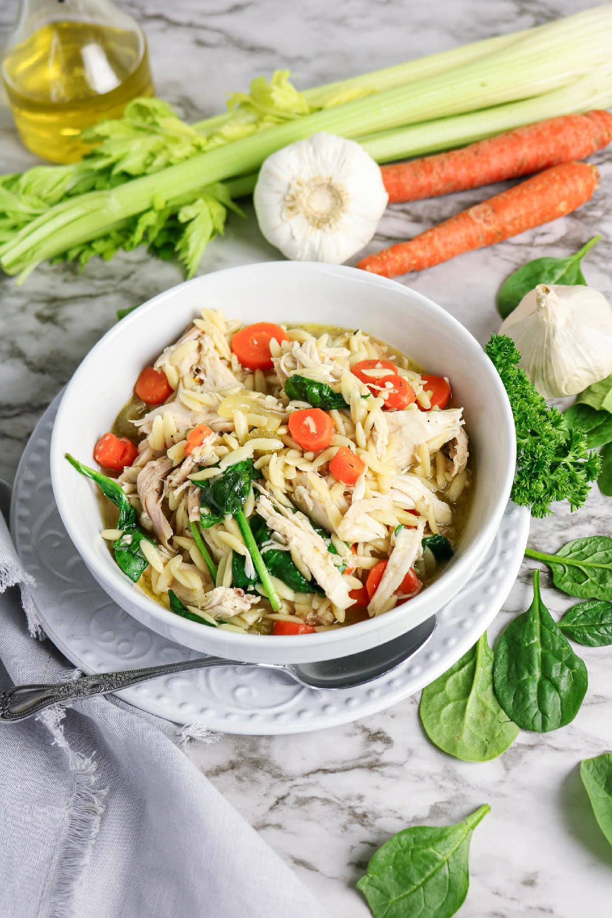Chicken and orzo soup served with fresh vegetables.