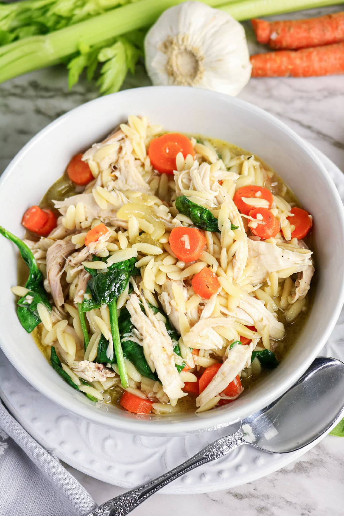 Chicken orzo soup with shredded chicken and vegetables.