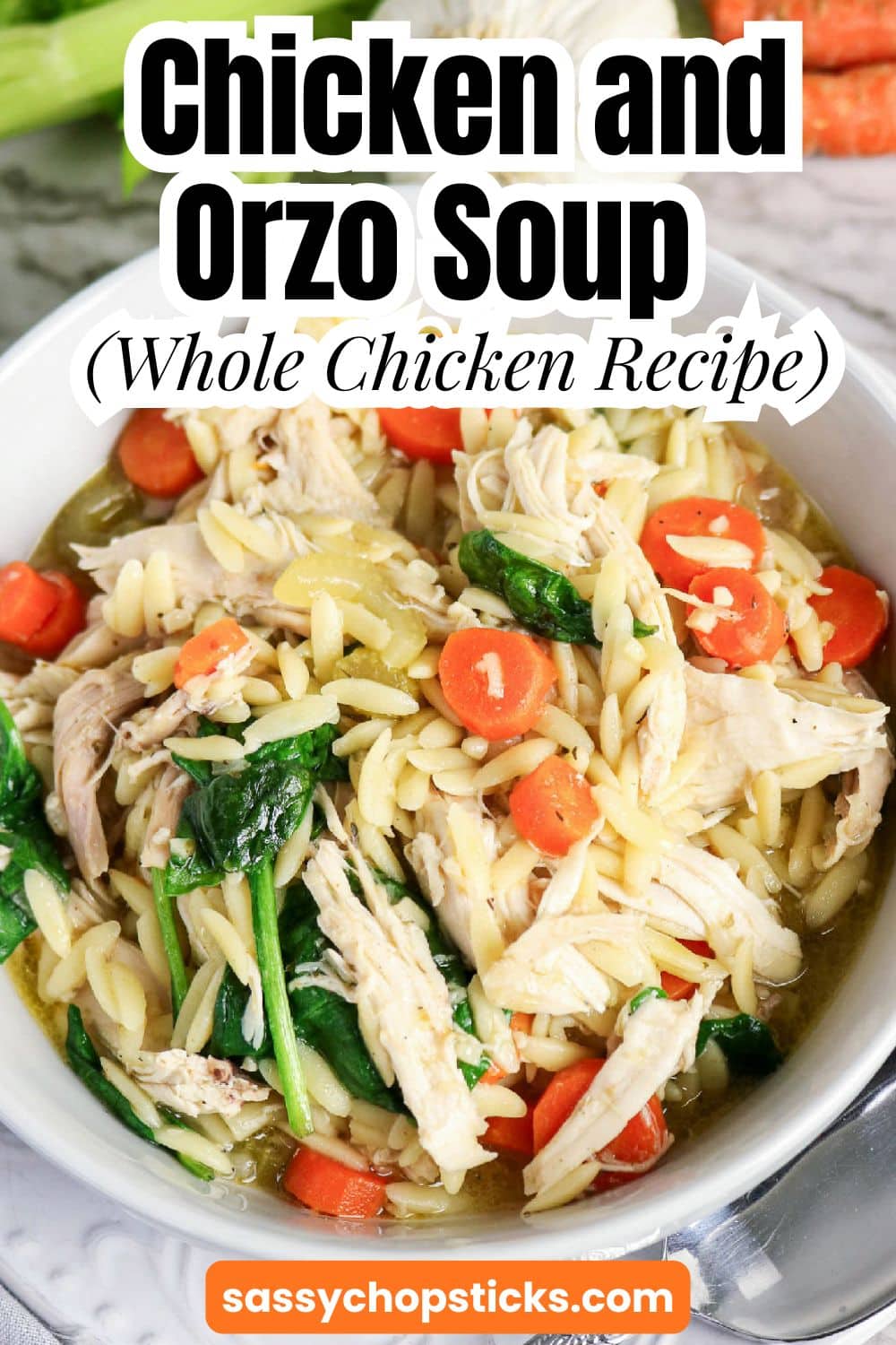 Chicken and orzo soup with carrots and spinach surrounded by celery, garlic, and greens.