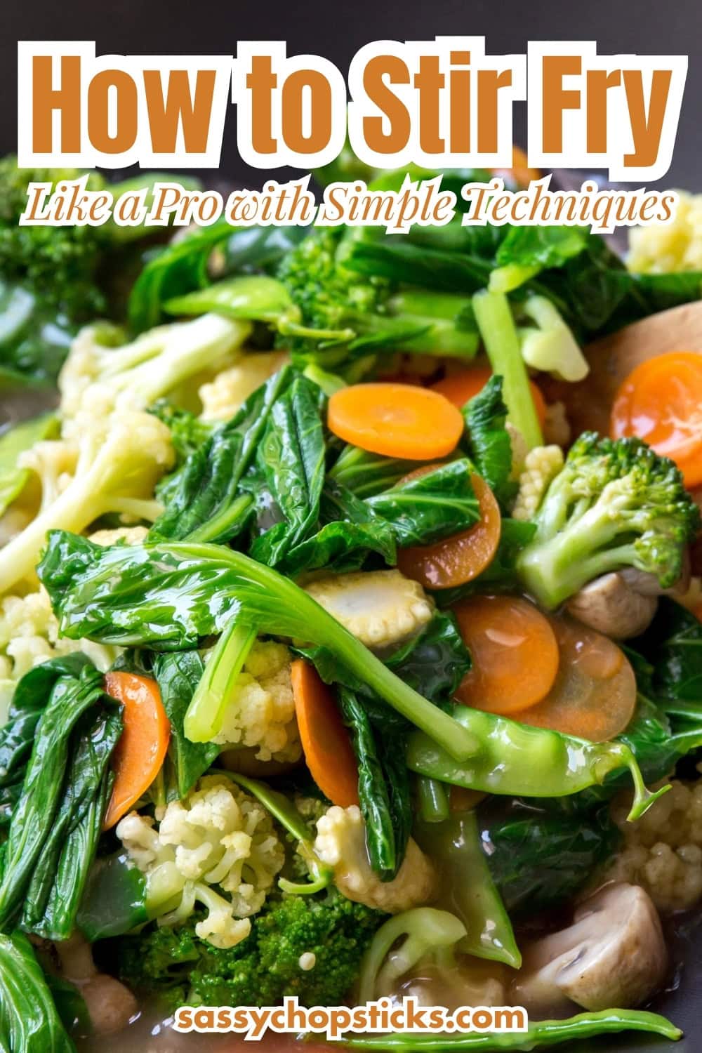 Stir-fried broccoli, snap peas, squash, and assorted vegetables cooked in a wok.