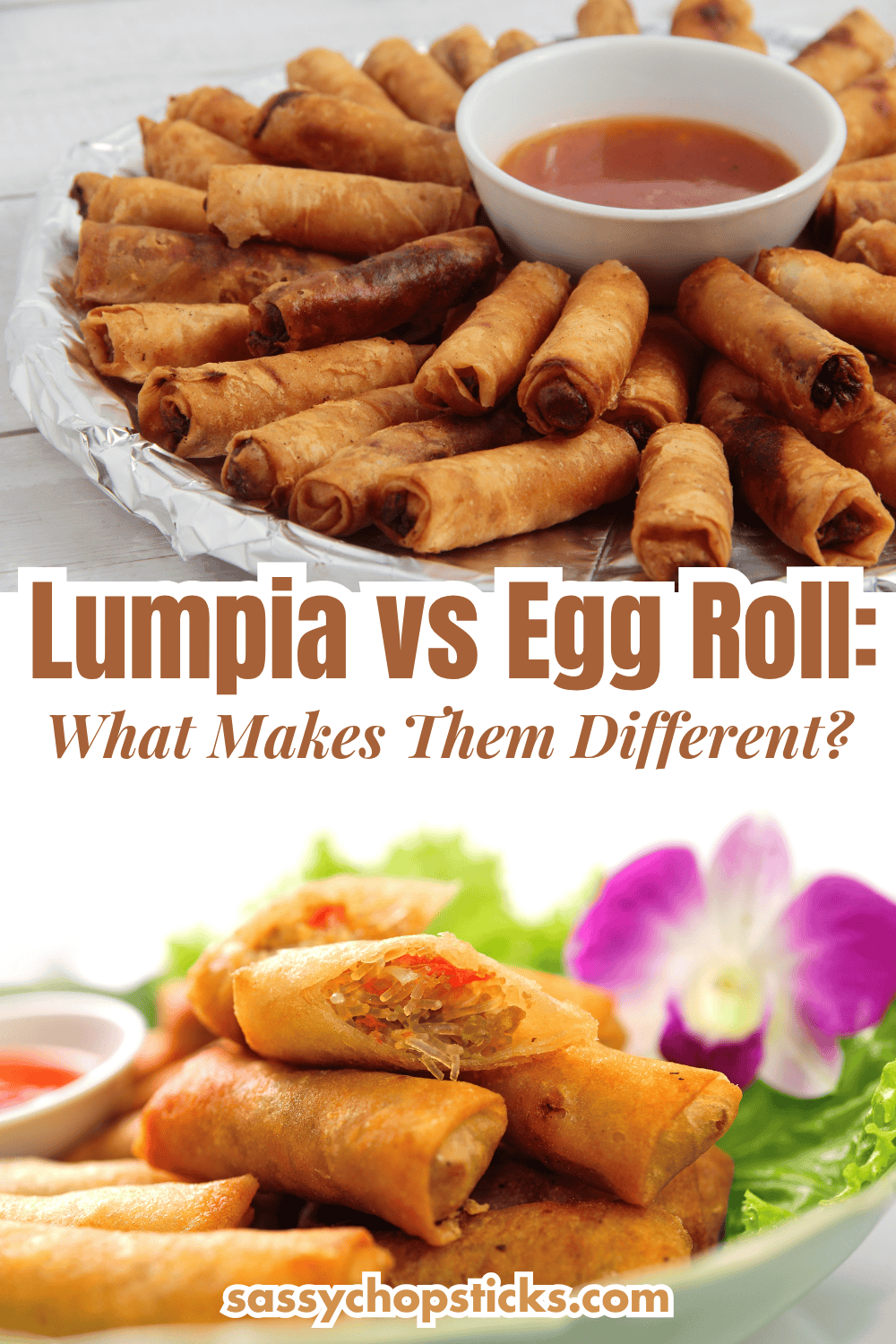 Crispy lumpia arranged on a plate, served with dipping sauce and fresh lettuce.