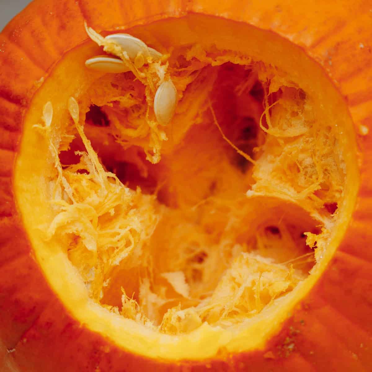 Halved pumpkin revealing its orange flesh, stringy interior, and seeds.