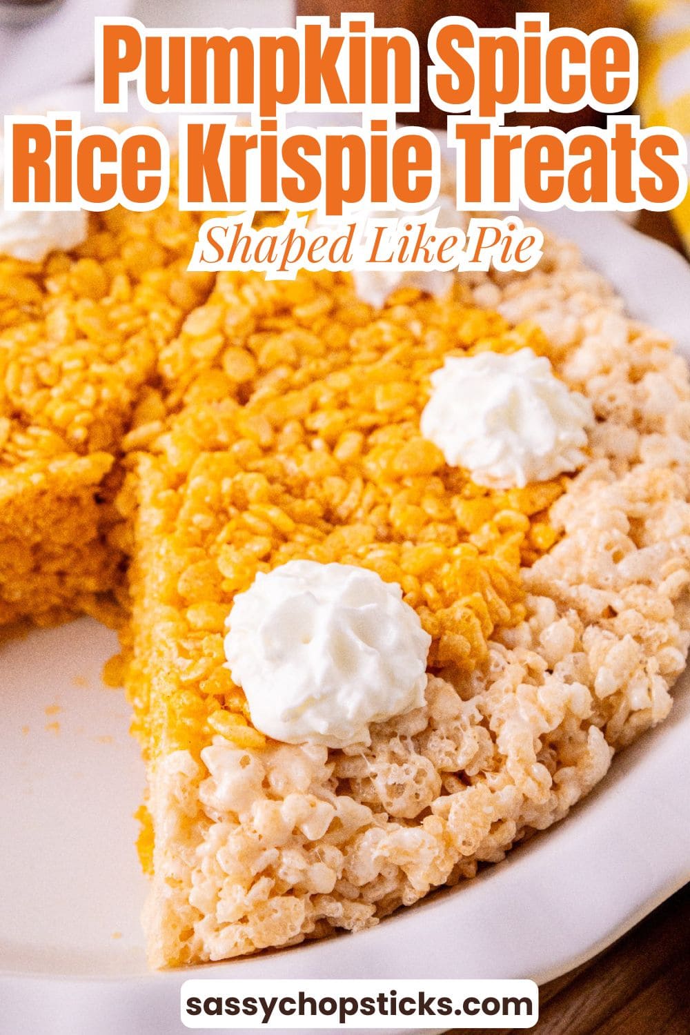 Pumpkin spice Rice Krispie treats shaped like pie slices.