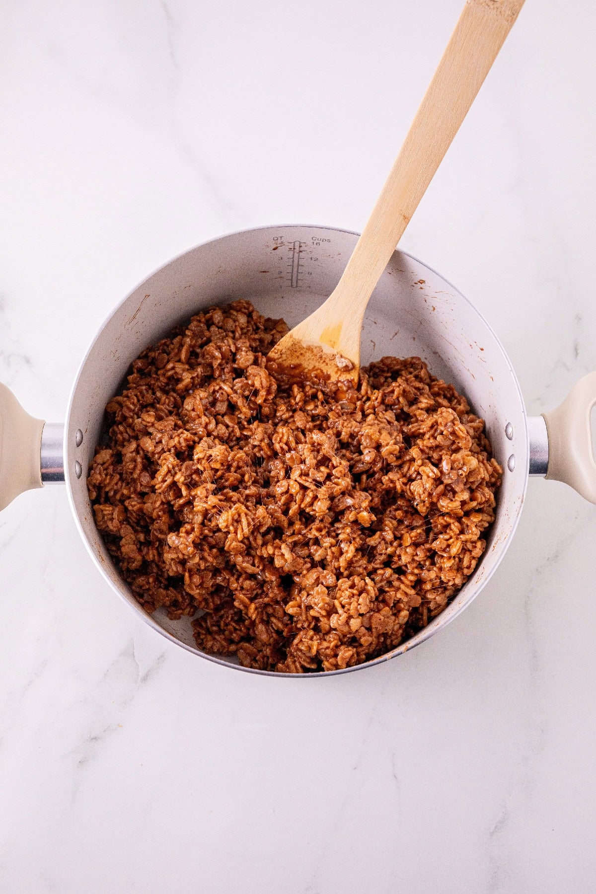 Rice Krispies cereal stirred into the chocolate marshmallow mixture.
