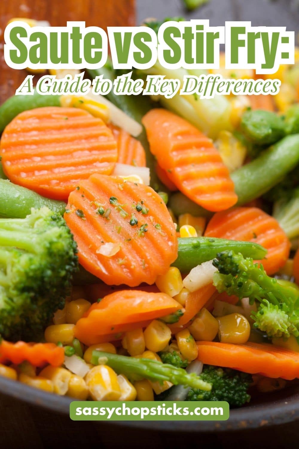 Sautéed vegetables with broccoli, carrots, peas, and corn.