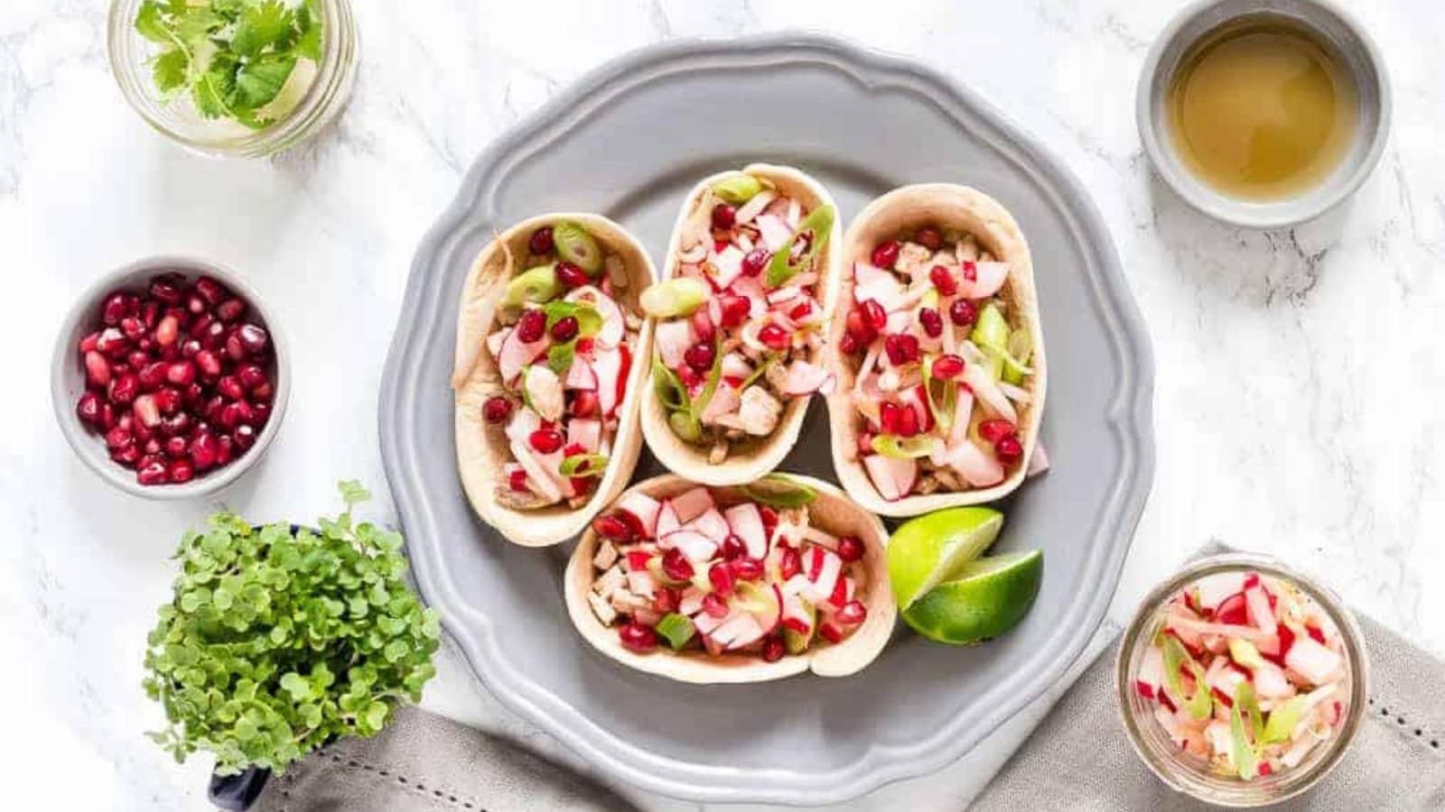 Turkey tacos filled with seasoned Chinese five spice turkey and fresh toppings.