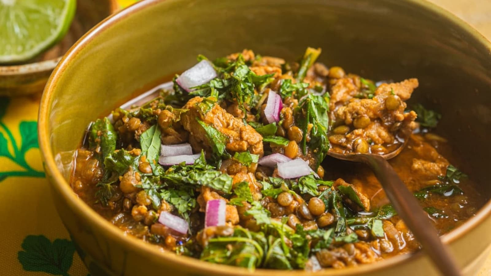Hearty turkey and lentil soup with vegetables in a savory broth.