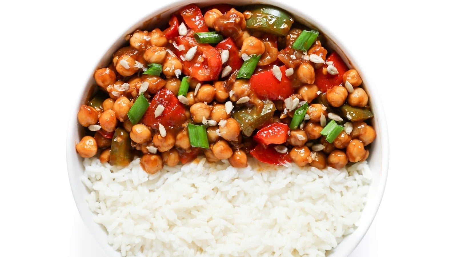 Crispy chickpeas tossed in a spicy kung pao-style sauce with vegetables.