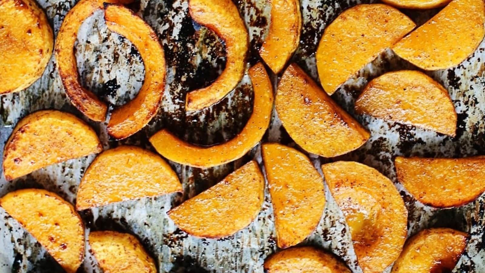 Roasted butternut squash glazed with maple syrup and five spice.