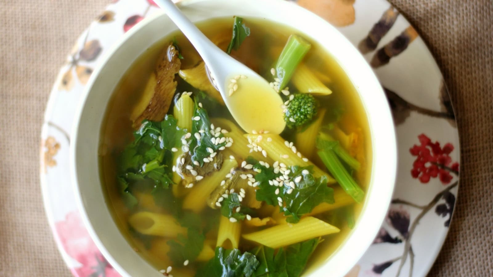 Warm nourishing soup served in a single bowl with vegetables and tender ingredients.