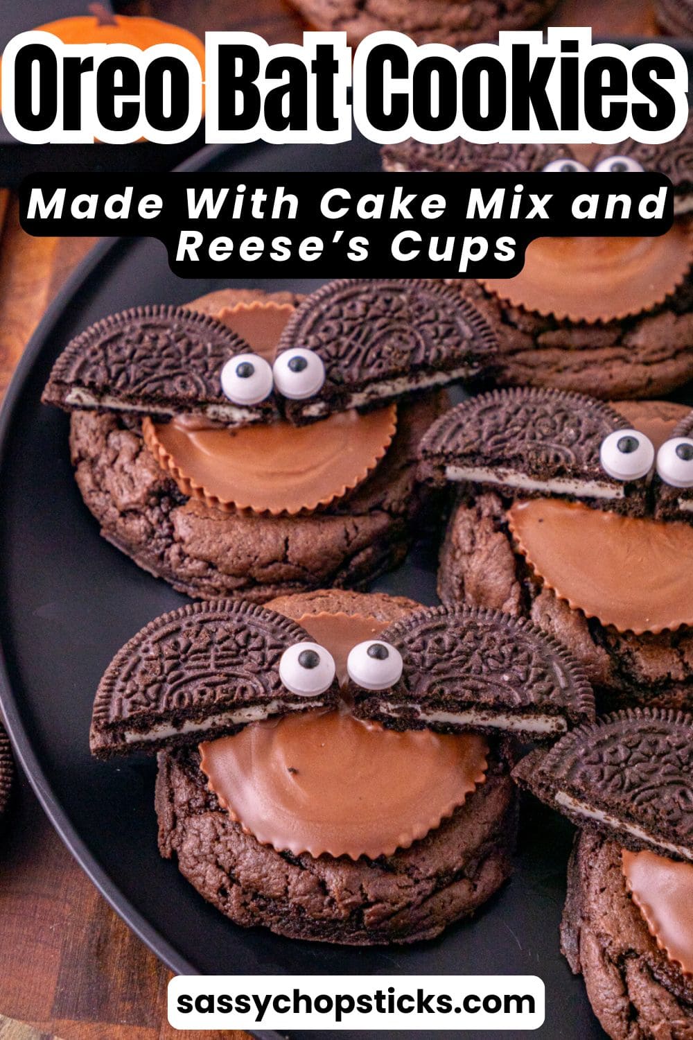 Oreo bat cookies made with chocolate cake mix, Reeseās peanut butter cups, Oreo wings, and candy eyes.