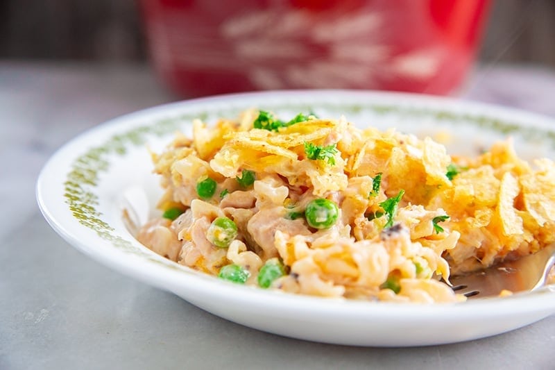 Creamy tuna noodle casserole baked golden.